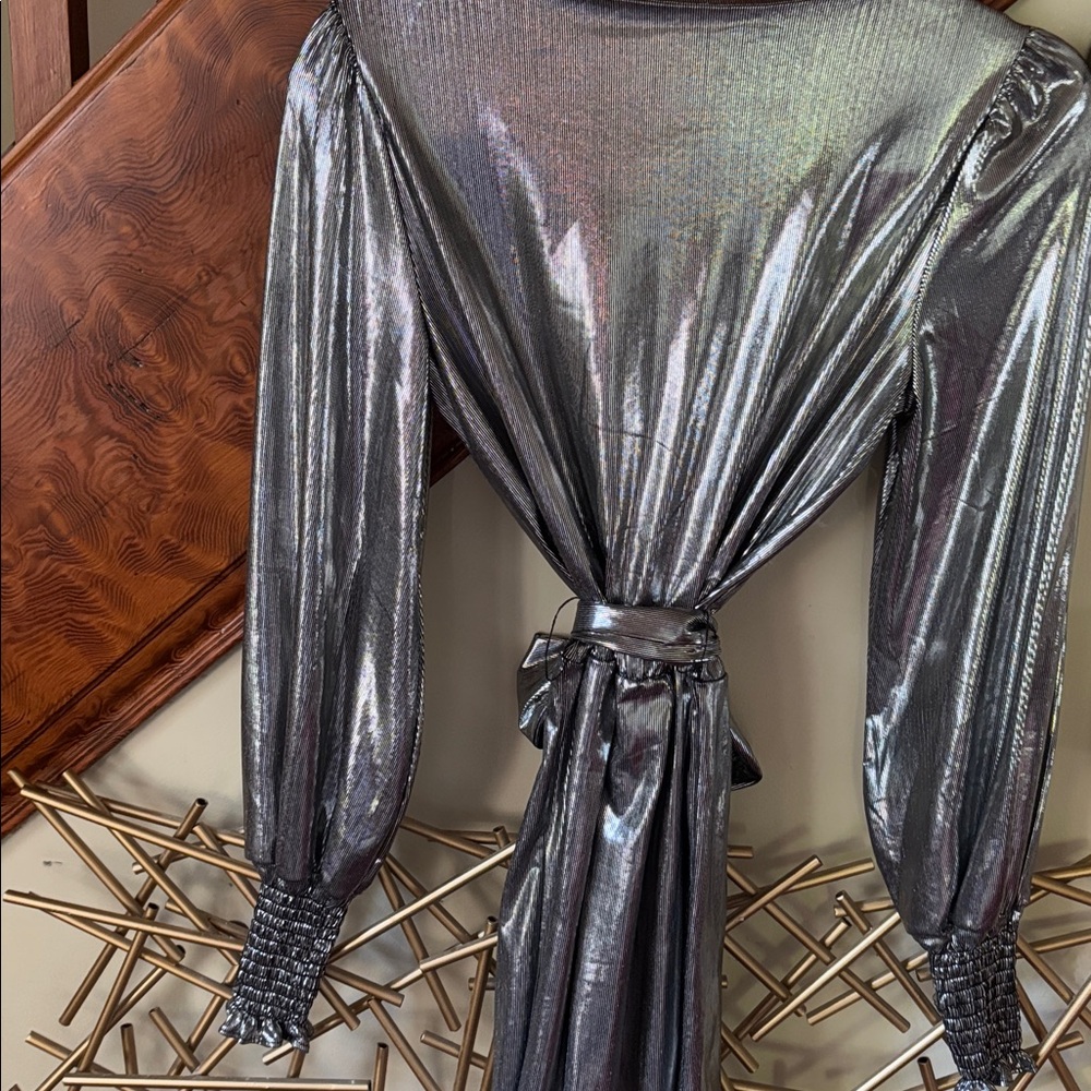 Betsey Johnson Shiny Silver Long Sleeve mini Dress belted waist XS - Picture 5 of 5